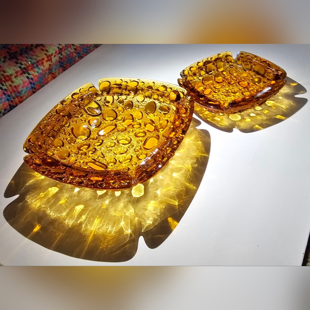 Vintage 1960s catch all ash tray set XL party size amber bubble or pebble glass